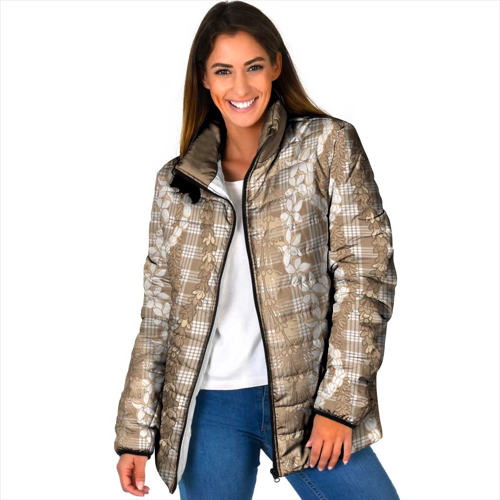 Hawaiian Ohia Lehua Lei Padded Jacket Plaid Palaka Kalaihaahaa Pattern LT9 Women Tan - Polynesian Pride