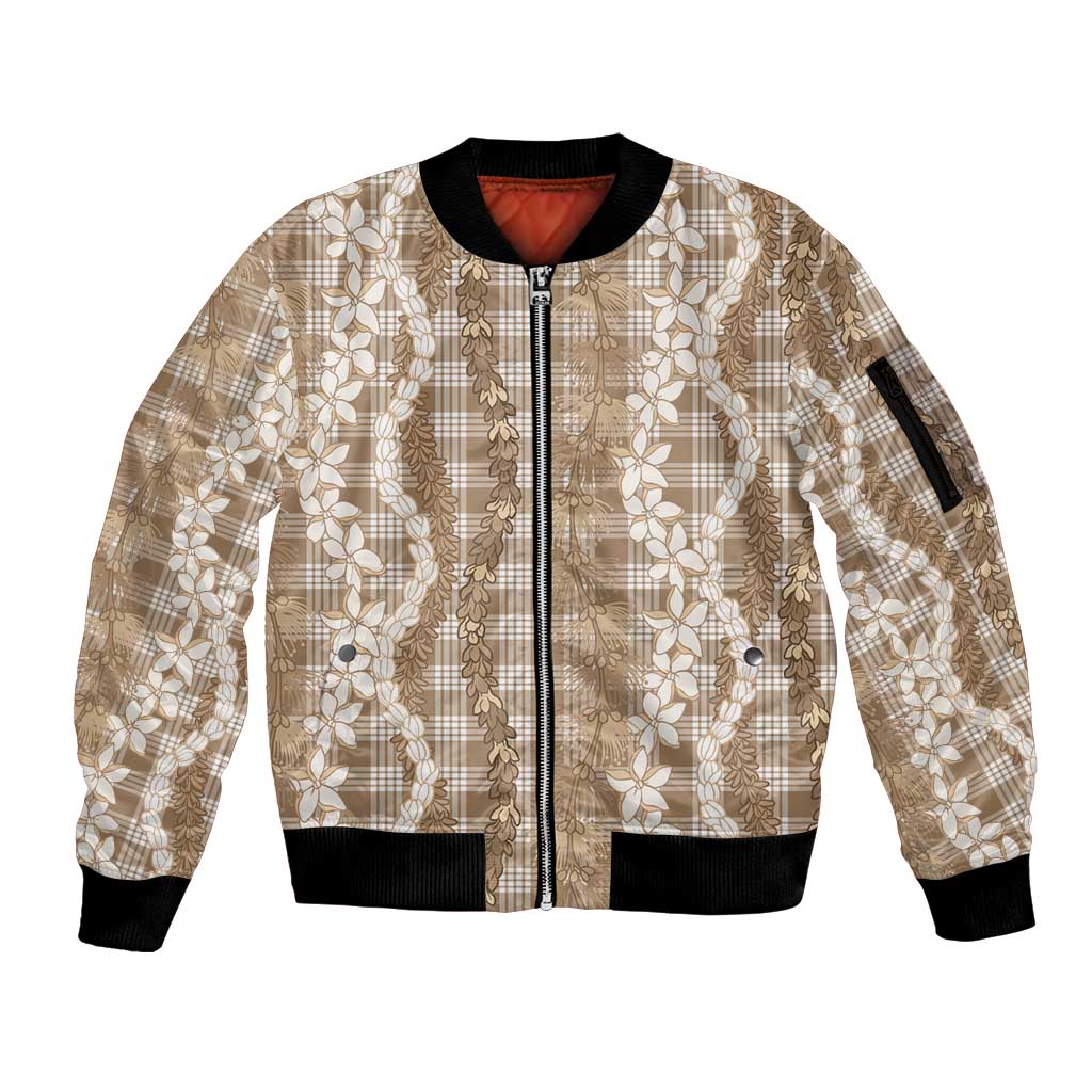 Hawaiian Ohia Lehua Lei Sleeve Zip Bomber Jacket Plaid Palaka Kalaihaahaa Pattern LT9 Unisex Tan - Polynesian Pride