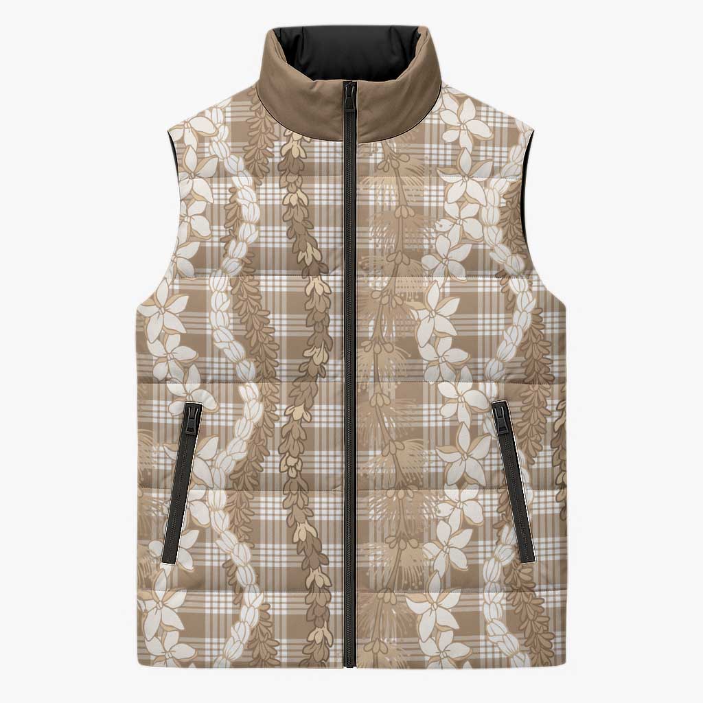 Hawaiian Ohia Lehua Lei Sleeveless Puffer Jacket Plaid Palaka Kalaihaahaa Pattern LT9 Unisex Tan - Polynesian Pride