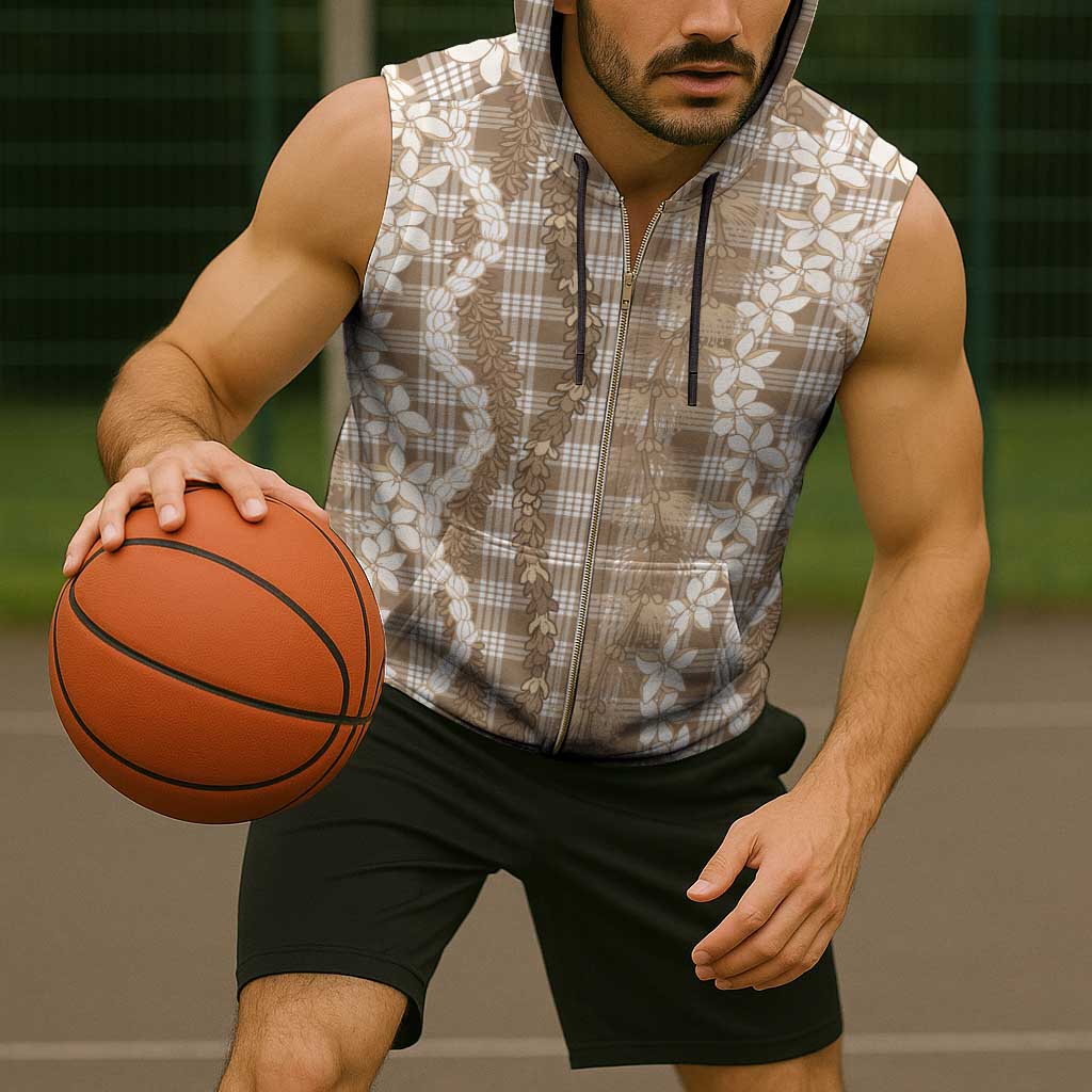 Hawaiian Ohia Lehua Lei Sleeveless Zip Hoodie Plaid Palaka Kalaihaahaa Pattern - Polynesian Pride