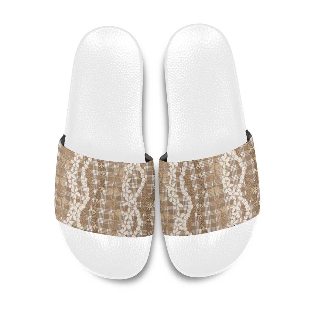 Hawaiian Ohia Lehua Lei Slide Sandals Plaid Palaka Kalaihaahaa Pattern LT9 Tan - Polynesian Pride