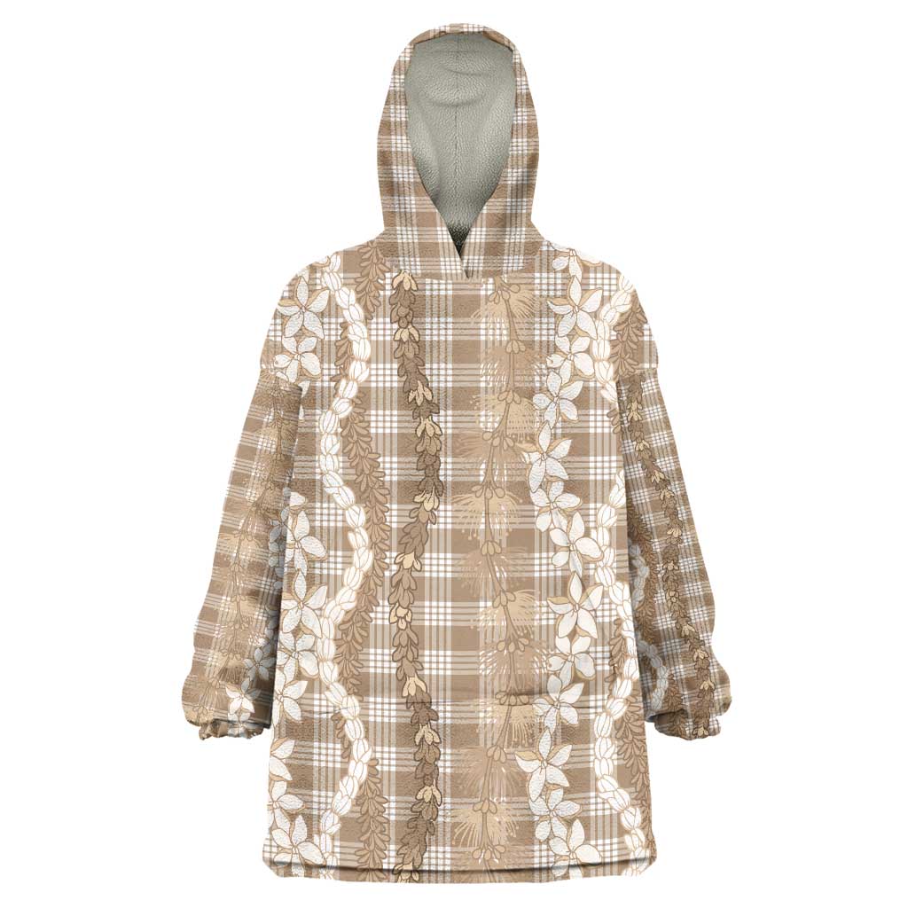 Hawaiian Ohia Lehua Lei Wearable Blanket Hoodie Plaid Palaka Kalaihaahaa Pattern LT9 One Size Tan - Polynesian Pride