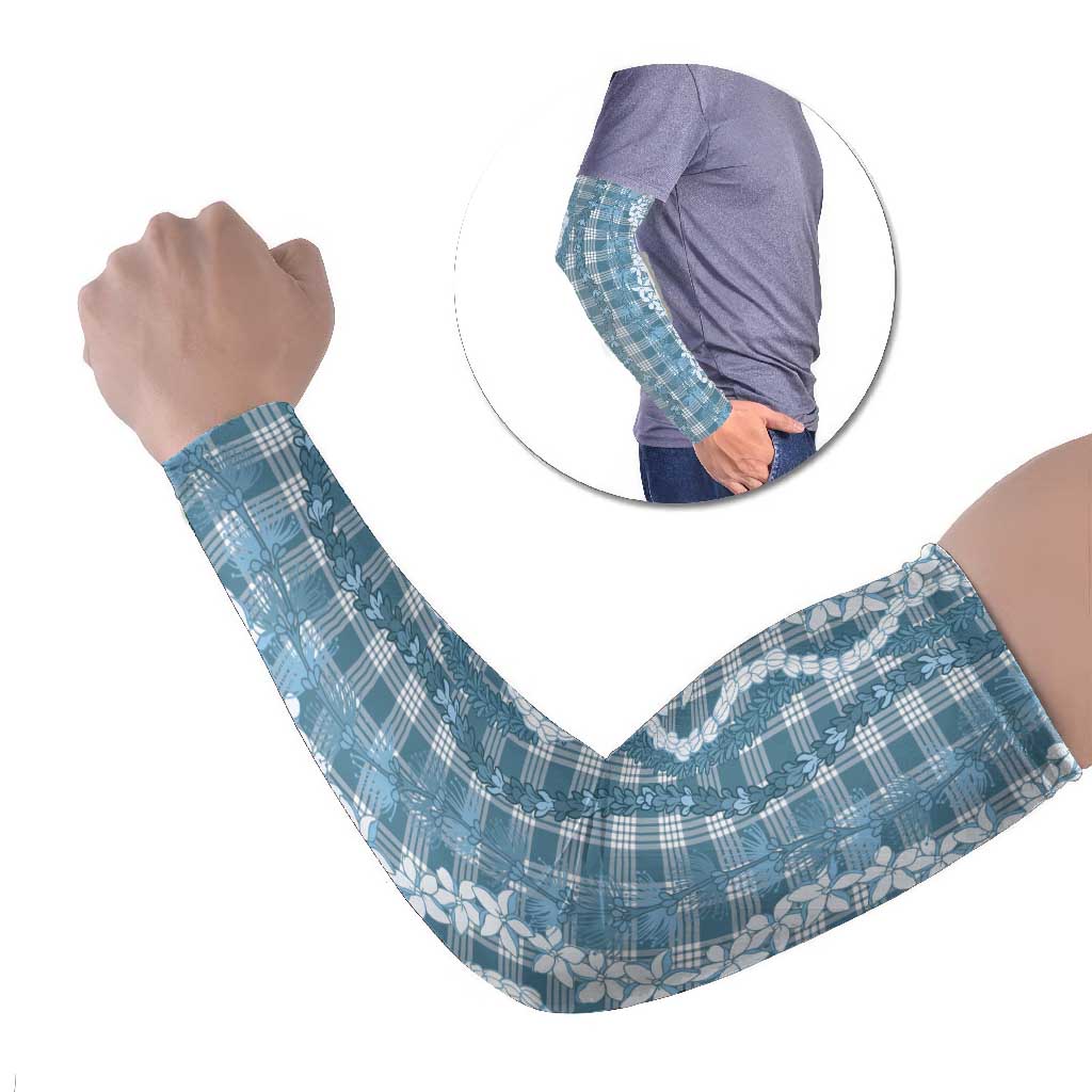 Hawaiian Ohia Lehua Lei Arm Sleeves Plaid Palaka Uliuli Omaomao Pattern LT9 Set of 2 Teal - Polynesian Pride