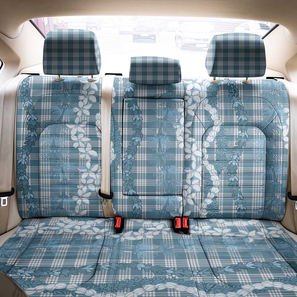 Hawaiian Ohia Lehua Lei Back Car Seat Cover Plaid Palaka Uliuli Omaomao Pattern - Polynesian Pride