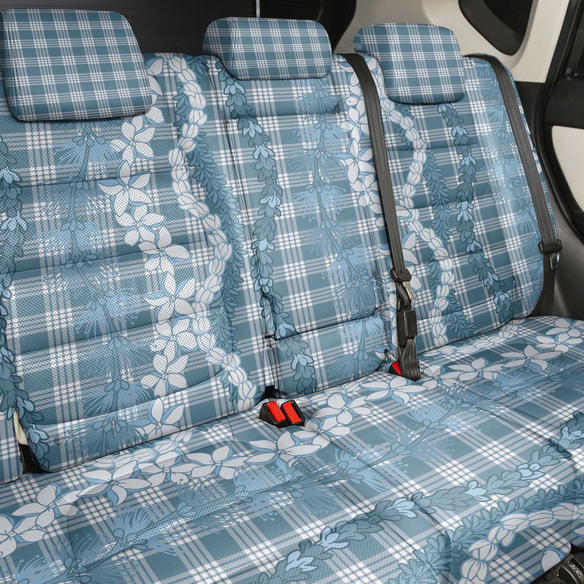 Hawaiian Ohia Lehua Lei Back Car Seat Cover Plaid Palaka Uliuli Omaomao Pattern - Polynesian Pride