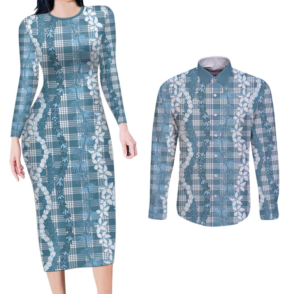 Hawaiian Ohia Lehua Lei Couples Matching Long Sleeve Bodycon Dress and Long Sleeve Button Shirt Plaid Palaka Uliuli Omaomao Pattern - Polynesian Pride