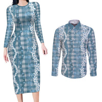 Hawaiian Ohia Lehua Lei Couples Matching Long Sleeve Bodycon Dress and Long Sleeve Button Shirt Plaid Palaka Uliuli Omaomao Pattern - Polynesian Pride