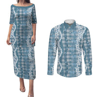 Hawaiian Ohia Lehua Lei Couples Matching Puletasi and Long Sleeve Button Shirt Plaid Palaka Uliuli Omaomao Pattern LT9 Teal - Polynesian Pride