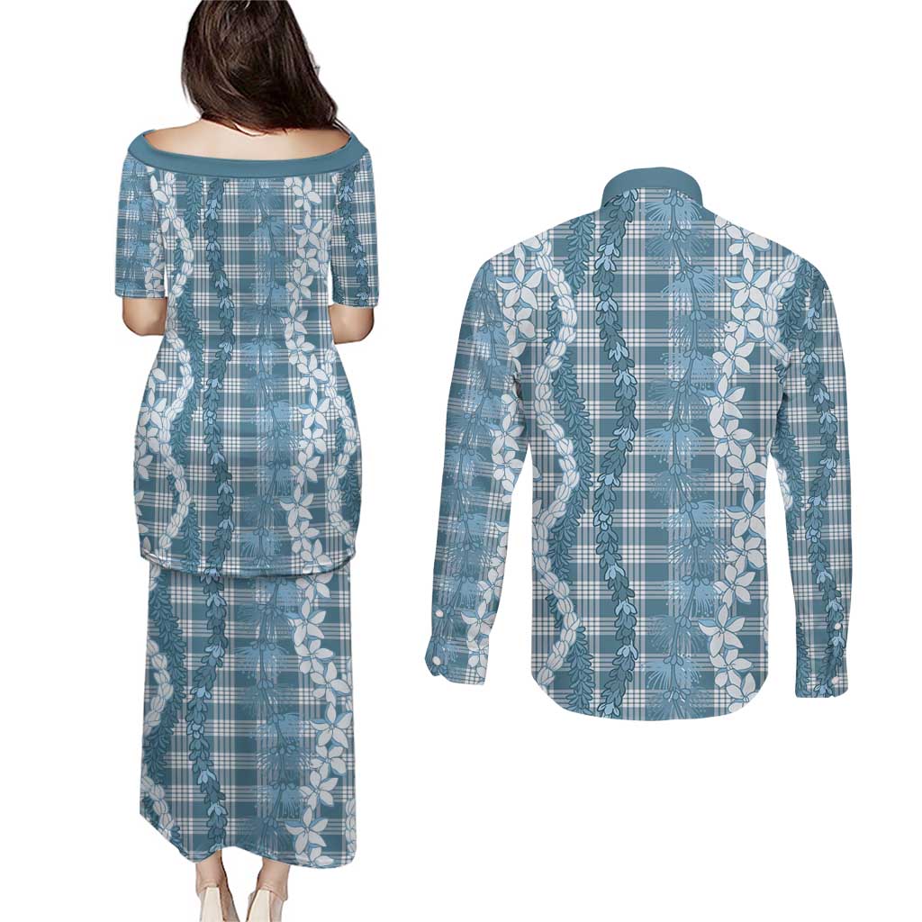 Hawaiian Ohia Lehua Lei Couples Matching Puletasi and Long Sleeve Button Shirt Plaid Palaka Uliuli Omaomao Pattern LT9 - Polynesian Pride