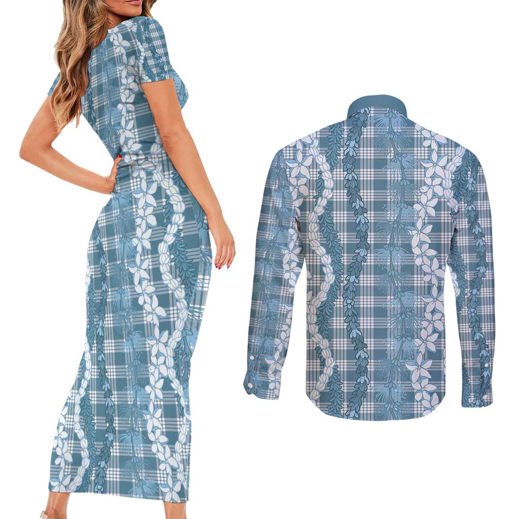 Hawaiian Ohia Lehua Lei Couples Matching Short Sleeve Bodycon Dress and Long Sleeve Button Shirt Plaid Palaka Uliuli Omaomao Pattern - Polynesian Pride