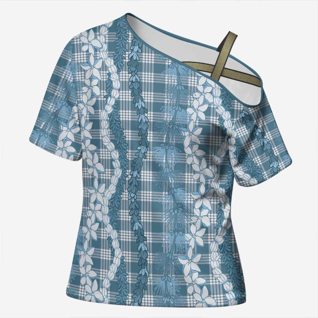Hawaiian Ohia Lehua Lei Cross Shoulder Shirt Plaid Palaka Uliuli Omaomao Pattern LT9 Female Teal - Polynesian Pride
