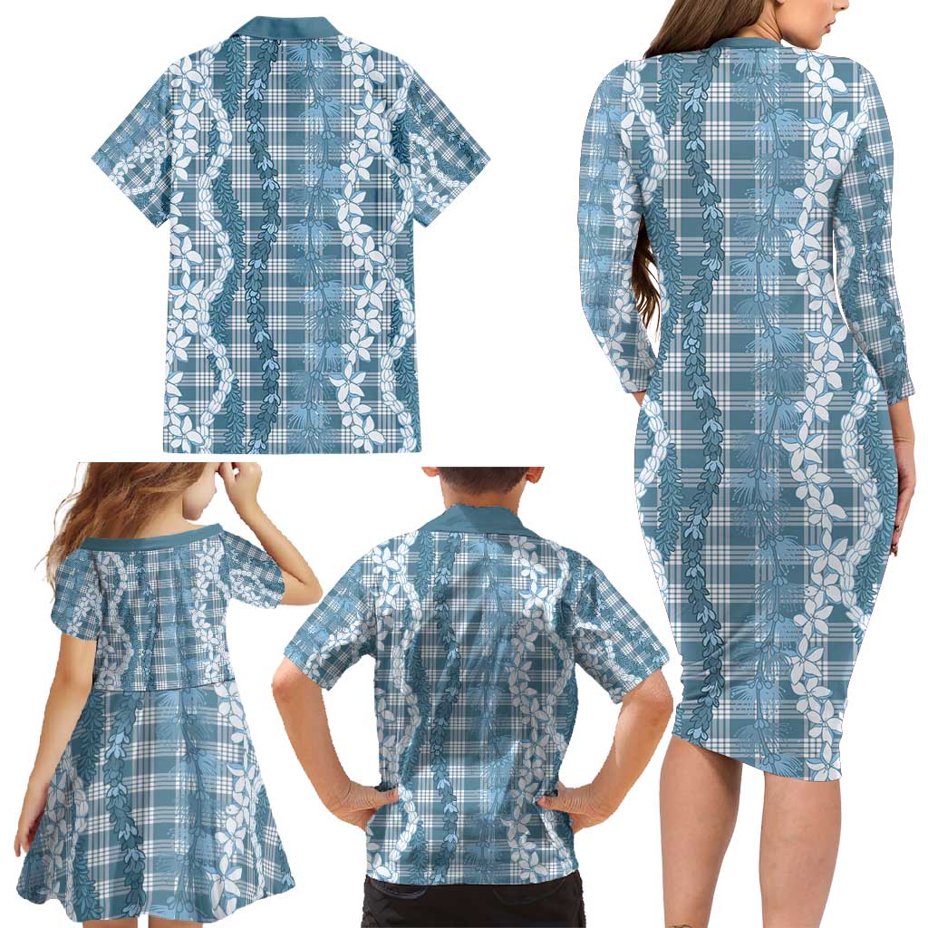 Hawaiian Ohia Lehua Lei Family Matching Long Sleeve Bodycon Dress and Hawaiian Shirt Plaid Palaka Uliuli Omaomao Pattern - Polynesian Pride