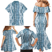 Hawaiian Ohia Lehua Lei Family Matching Mermaid Dress and Hawaiian Shirt Plaid Palaka Uliuli Omaomao Pattern - Polynesian Pride