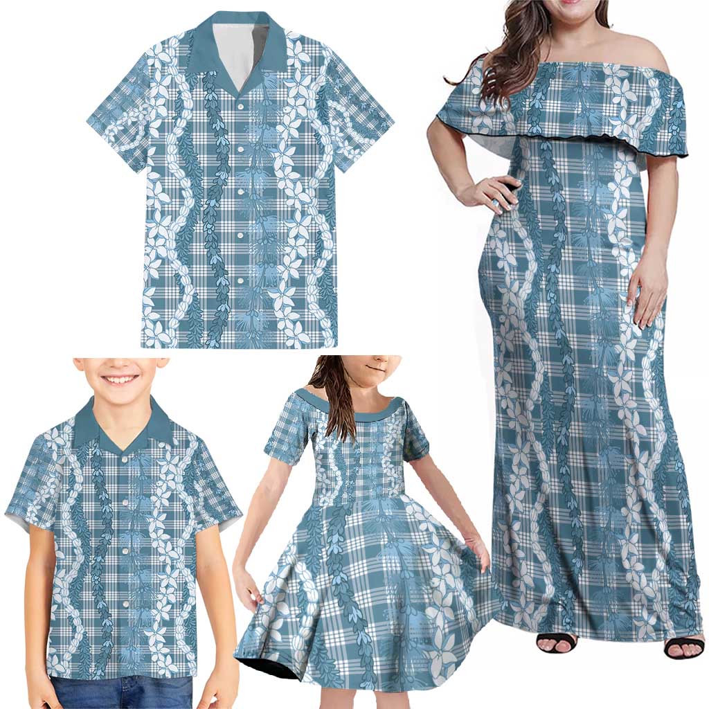 Hawaiian Ohia Lehua Lei Family Matching Off Shoulder Maxi Dress and Hawaiian Shirt Plaid Palaka Uliuli Omaomao Pattern - Polynesian Pride