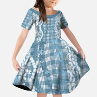 Hawaiian Ohia Lehua Lei Kid Short Sleeve Dress Plaid Palaka Uliuli Omaomao Pattern - Polynesian Pride
