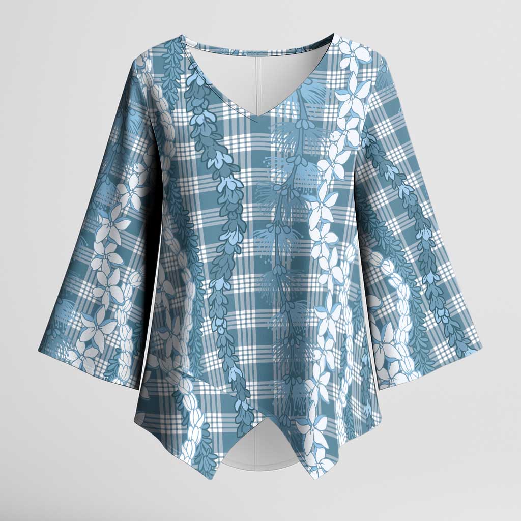 Hawaiian Ohia Lehua Lei Kimono Sleeve Blouse Plaid Palaka Uliuli Omaomao Pattern LT9 Female Teal - Polynesian Pride