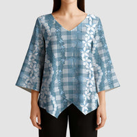 Hawaiian Ohia Lehua Lei Kimono Sleeve Blouse Plaid Palaka Uliuli Omaomao Pattern LT9 - Polynesian Pride