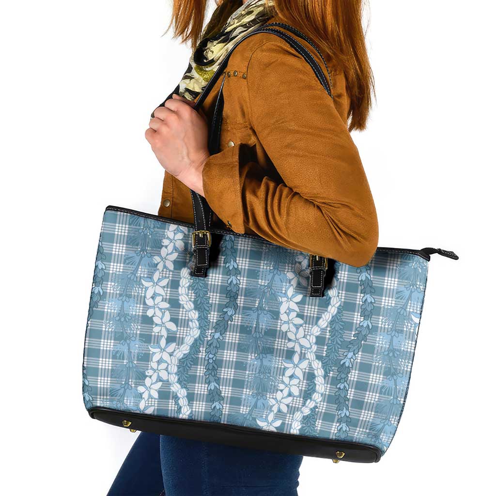 Hawaiian Ohia Lehua Lei Leather Tote Bag Plaid Palaka Uliuli Omaomao Pattern LT9 Teal - Polynesian Pride