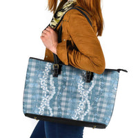 Hawaiian Ohia Lehua Lei Leather Tote Bag Plaid Palaka Uliuli Omaomao Pattern LT9 Teal - Polynesian Pride