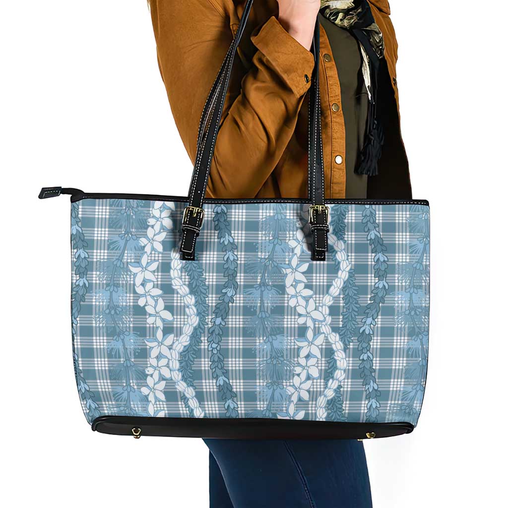 Hawaiian Ohia Lehua Lei Leather Tote Bag Plaid Palaka Uliuli Omaomao Pattern LT9 - Polynesian Pride