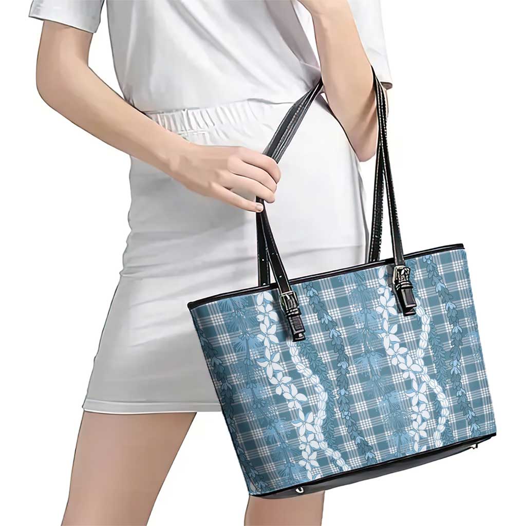 Hawaiian Ohia Lehua Lei Leather Tote Bag Plaid Palaka Uliuli Omaomao Pattern LT9 - Polynesian Pride