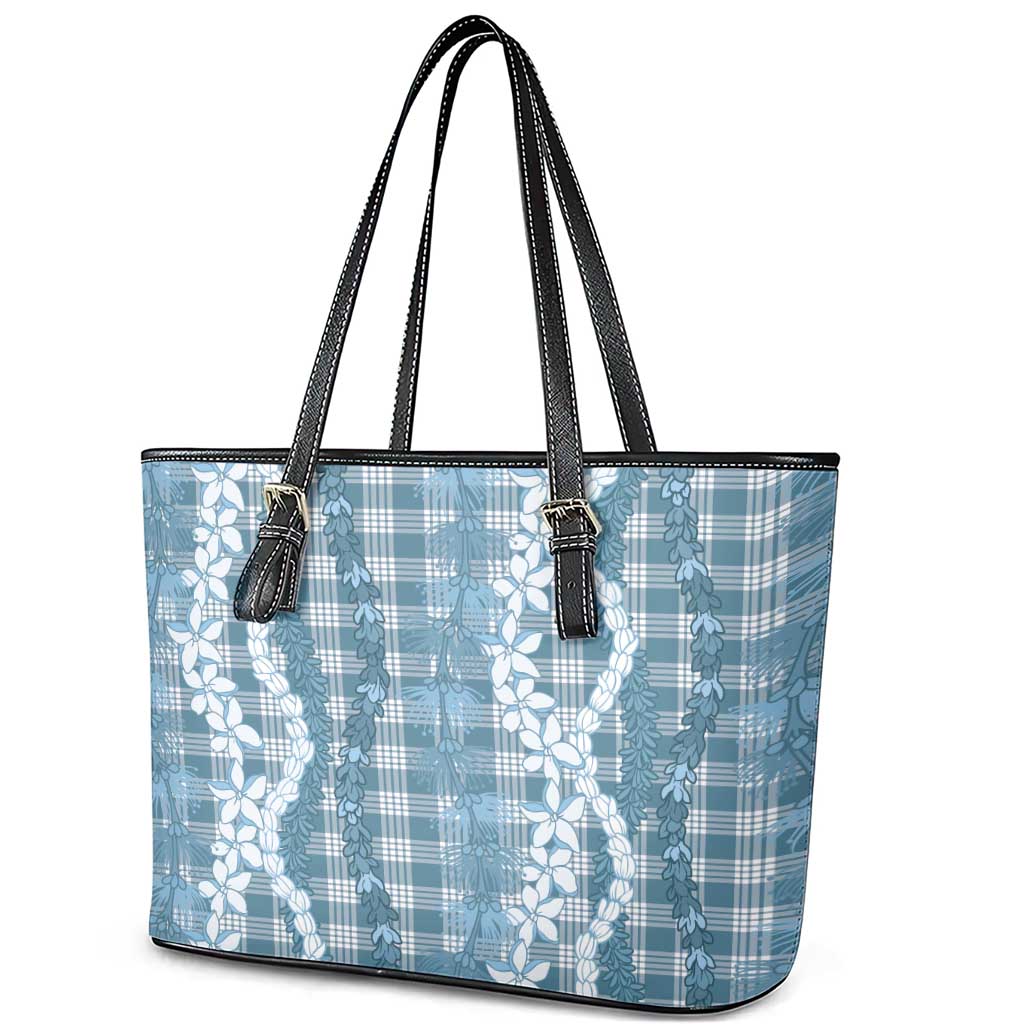 Hawaiian Ohia Lehua Lei Leather Tote Bag Plaid Palaka Uliuli Omaomao Pattern LT9 - Polynesian Pride