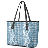Hawaiian Ohia Lehua Lei Leather Tote Bag Plaid Palaka Uliuli Omaomao Pattern LT9 - Polynesian Pride