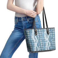 Hawaiian Ohia Lehua Lei Leather Tote Bag Plaid Palaka Uliuli Omaomao Pattern LT9 - Polynesian Pride