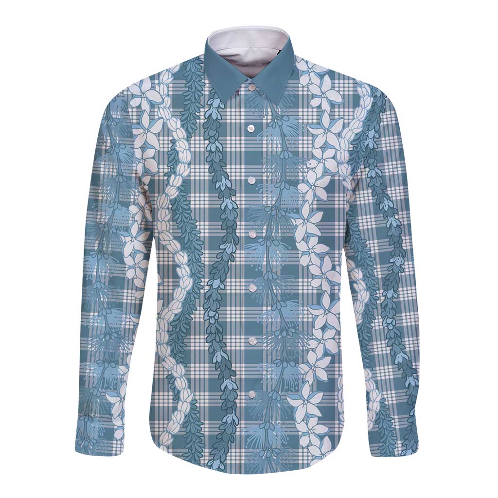 Hawaiian Ohia Lehua Lei Long Sleeve Button Shirt Plaid Palaka Uliuli Omaomao Pattern LT9 Unisex Teal - Polynesian Pride