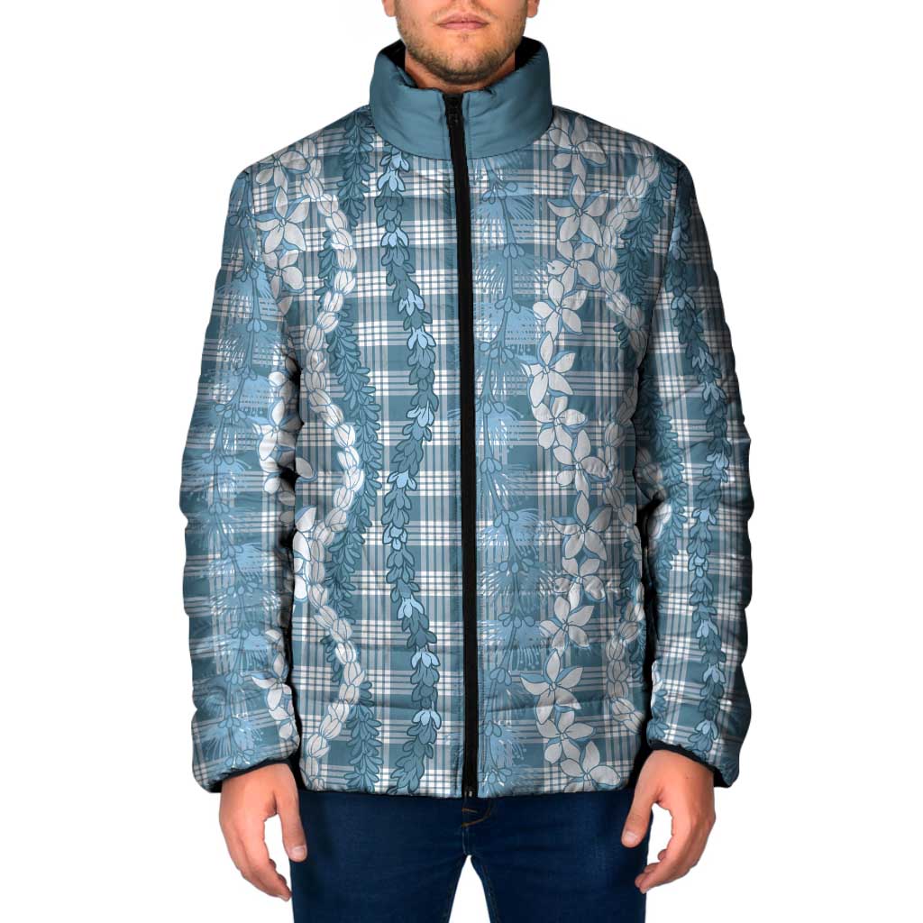 Hawaiian Ohia Lehua Lei Padded Jacket Plaid Palaka Uliuli Omaomao Pattern LT9 Men Teal - Polynesian Pride