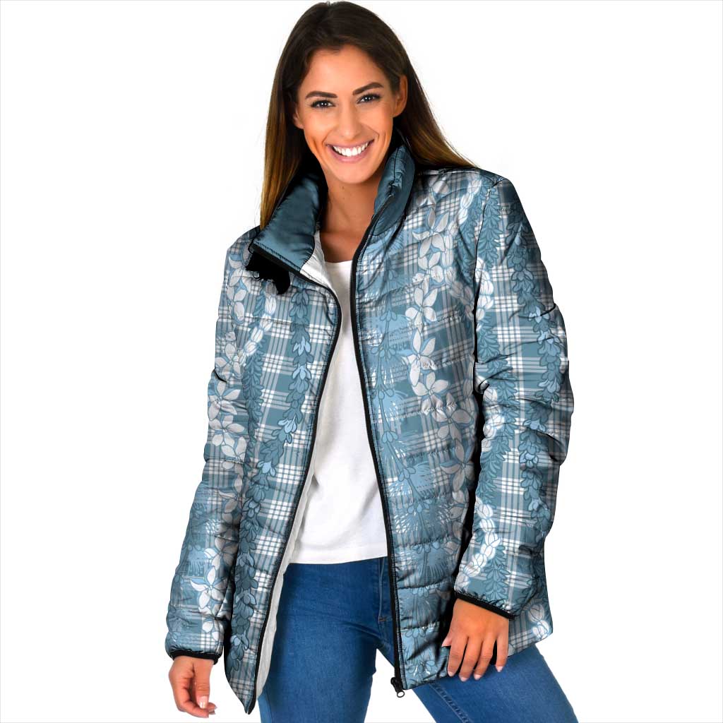 Hawaiian Ohia Lehua Lei Padded Jacket Plaid Palaka Uliuli Omaomao Pattern LT9 Women Teal - Polynesian Pride