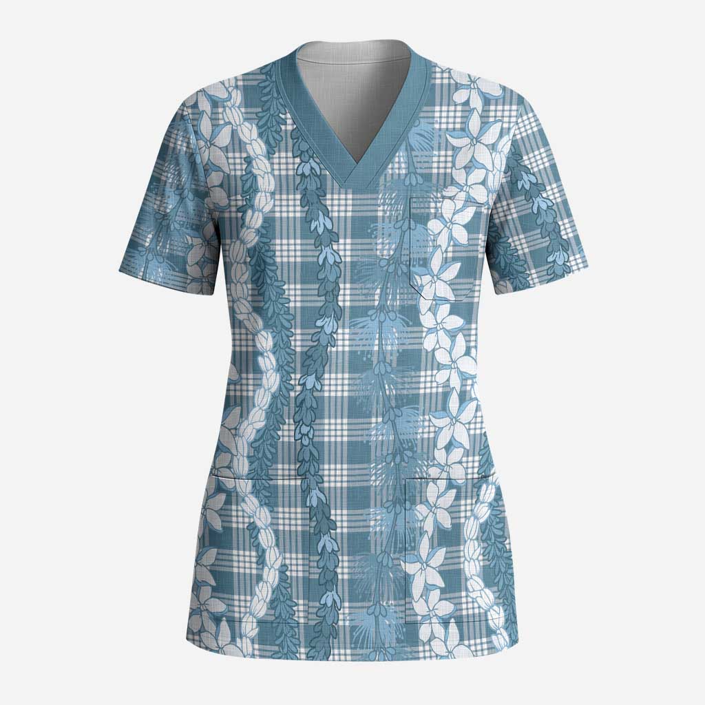 Hawaiian Ohia Lehua Lei Scrub Top Plaid Palaka Uliuli Omaomao Pattern LT9 Adult Teal - Polynesian Pride