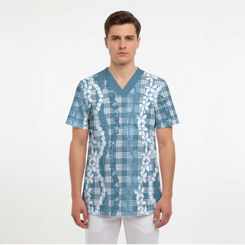 Hawaiian Ohia Lehua Lei Scrub Top Plaid Palaka Uliuli Omaomao Pattern LT9 - Polynesian Pride