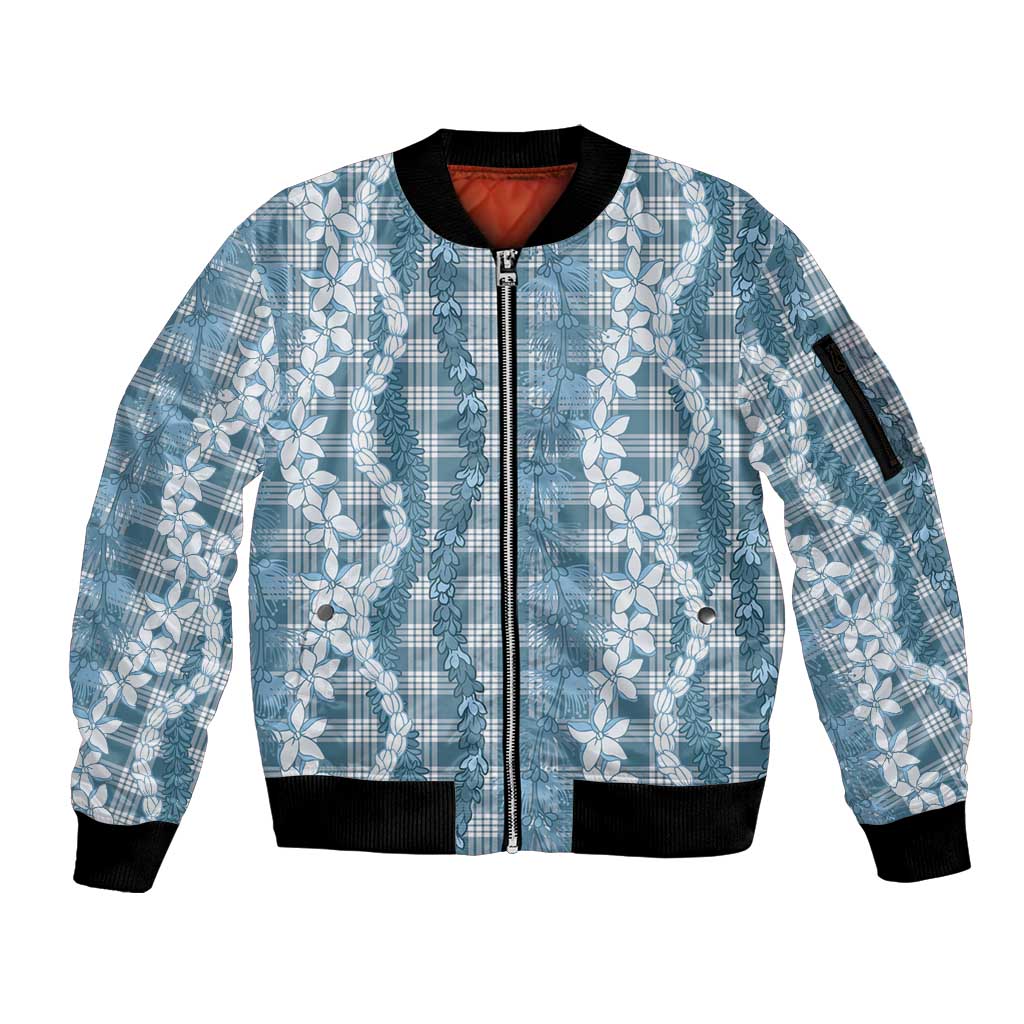 Hawaiian Ohia Lehua Lei Sleeve Zip Bomber Jacket Plaid Palaka Uliuli Omaomao Pattern LT9 Unisex Teal - Polynesian Pride