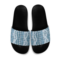 Hawaiian Ohia Lehua Lei Slide Sandals Plaid Palaka Uliuli Omaomao Pattern LT9 Teal - Polynesian Pride