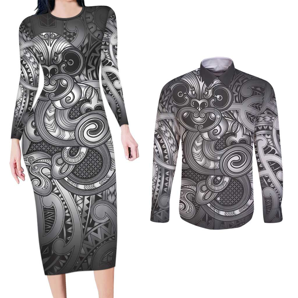 Aotearoa Maori Hei Tiki Couples Matching Long Sleeve Bodycon Dress and Long Sleeve Button Shirt Kiwikiwi Kowhaiwhai Puhoro Motif