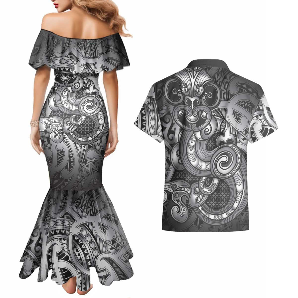 Aotearoa Maori Hei Tiki Couples Matching Mermaid Dress and Hawaiian Shirt Kiwikiwi Kowhaiwhai Puhoro Motif