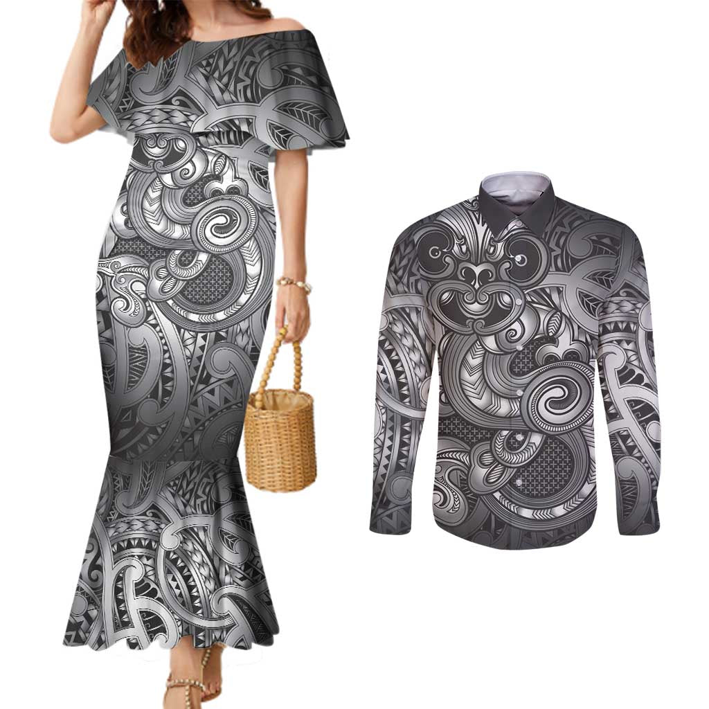 Aotearoa Maori Hei Tiki Couples Matching Mermaid Dress and Long Sleeve Button Shirt Kiwikiwi Kowhaiwhai Puhoro Motif