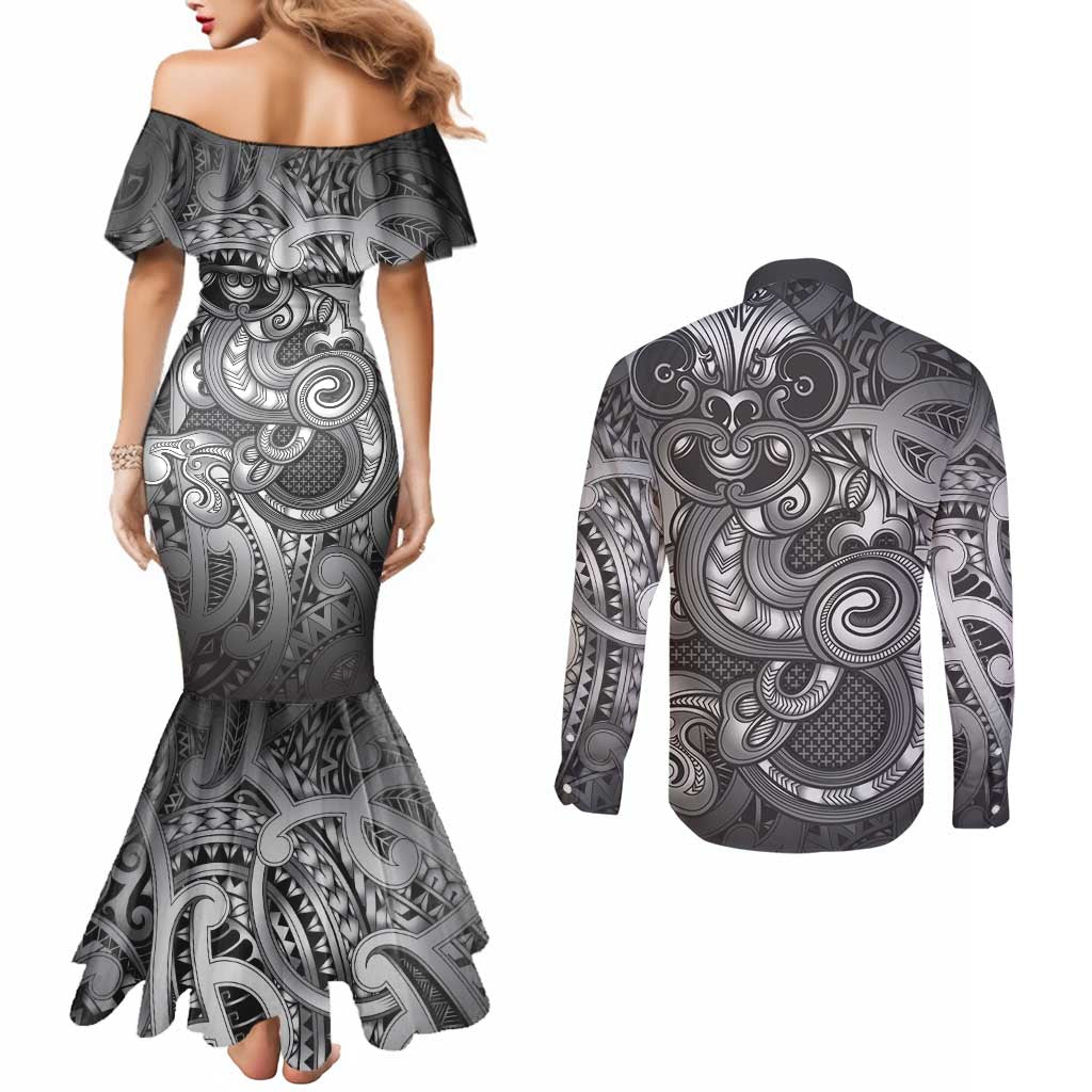 Aotearoa Maori Hei Tiki Couples Matching Mermaid Dress and Long Sleeve Button Shirt Kiwikiwi Kowhaiwhai Puhoro Motif