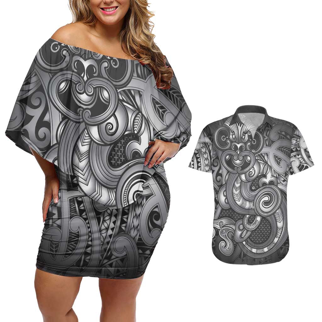 Aotearoa Maori Hei Tiki Couples Matching Off Shoulder Short Dress and Hawaiian Shirt Kiwikiwi Kowhaiwhai Puhoro Motif