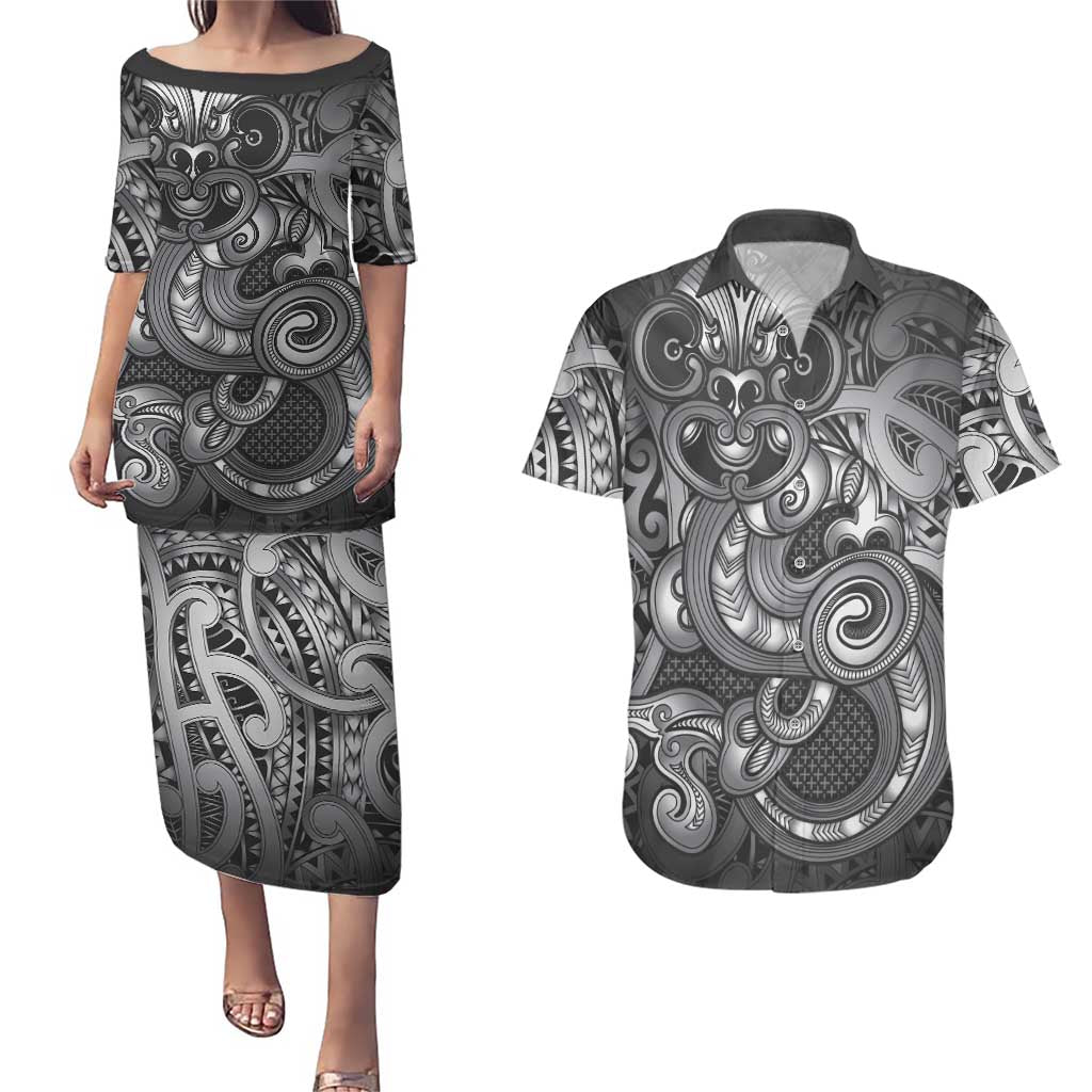 Aotearoa Maori Hei Tiki Couples Matching Puletasi and Hawaiian Shirt Kiwikiwi Kowhaiwhai Puhoro Motif LT9 Grey - Polynesian Pride