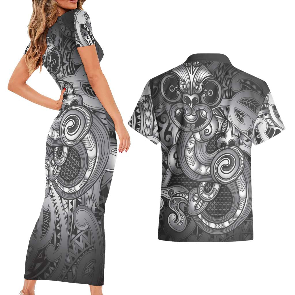 Aotearoa Maori Hei Tiki Couples Matching Short Sleeve Bodycon Dress and Hawaiian Shirt Kiwikiwi Kowhaiwhai Puhoro Motif