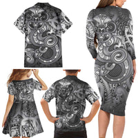 Aotearoa Maori Hei Tiki Family Matching Long Sleeve Bodycon Dress and Hawaiian Shirt Kiwikiwi Kowhaiwhai Puhoro Motif