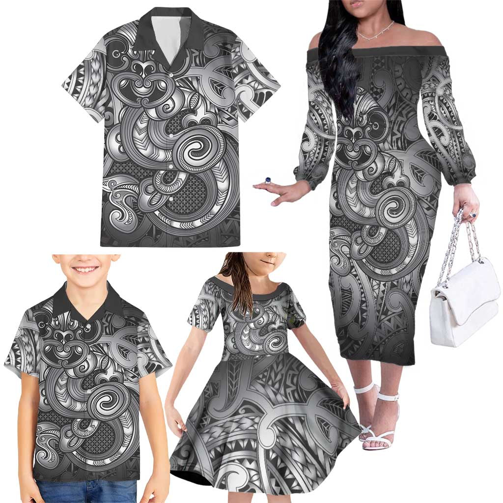 Aotearoa Maori Hei Tiki Family Matching Off The Shoulder Long Sleeve Dress and Hawaiian Shirt Kiwikiwi Kowhaiwhai Puhoro Motif LT9 - Polynesian Pride