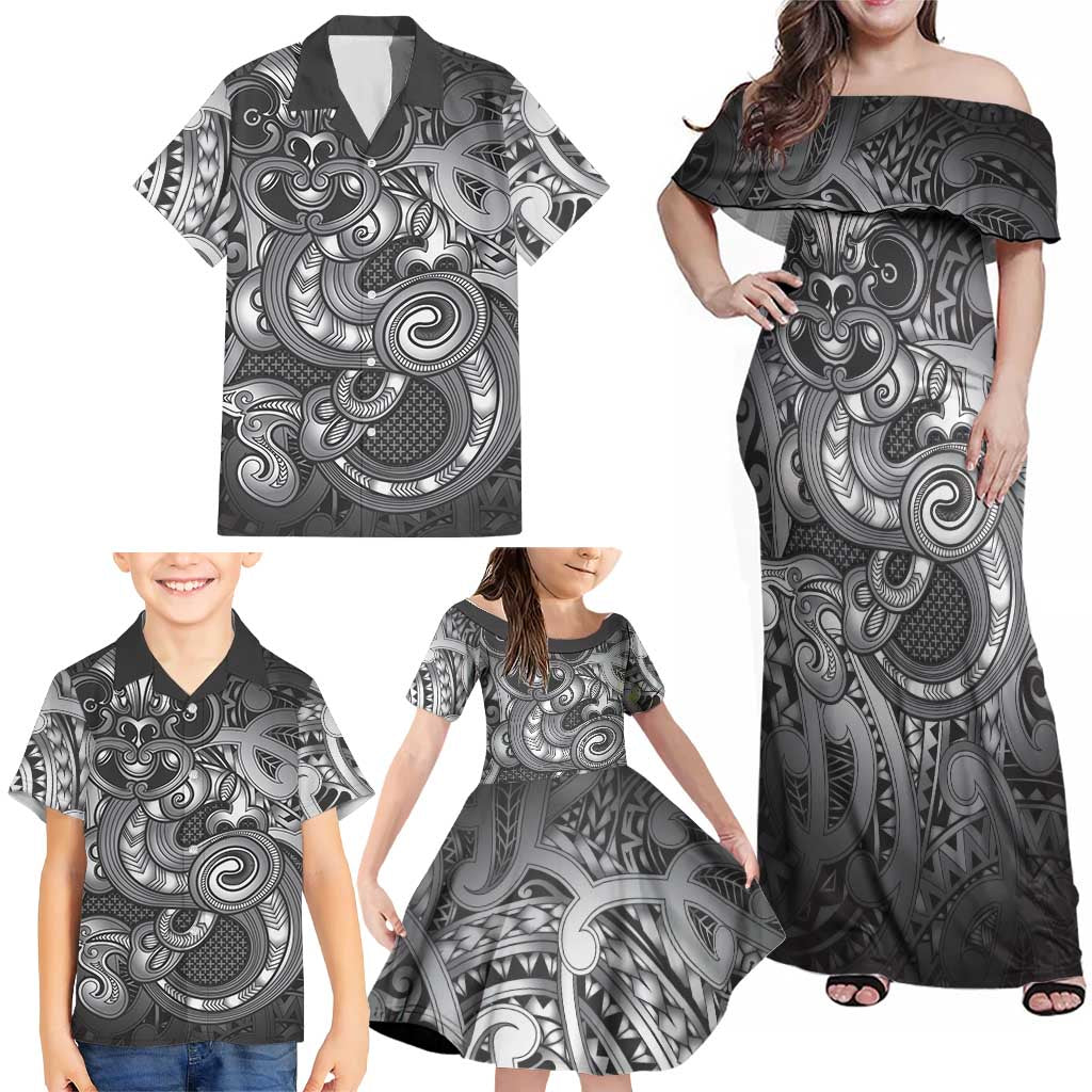 Aotearoa Maori Hei Tiki Family Matching Off Shoulder Maxi Dress and Hawaiian Shirt Kiwikiwi Kowhaiwhai Puhoro Motif