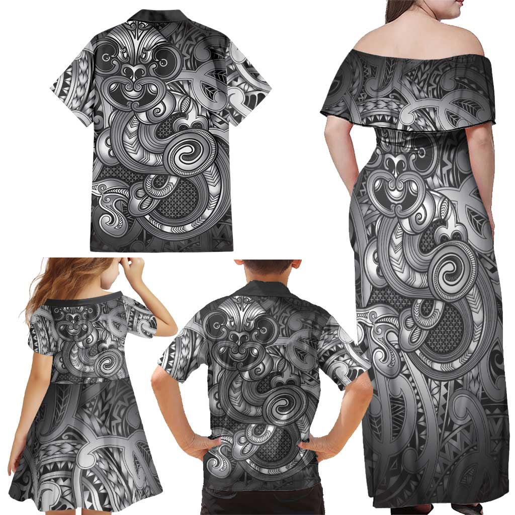 Aotearoa Maori Hei Tiki Family Matching Off Shoulder Maxi Dress and Hawaiian Shirt Kiwikiwi Kowhaiwhai Puhoro Motif
