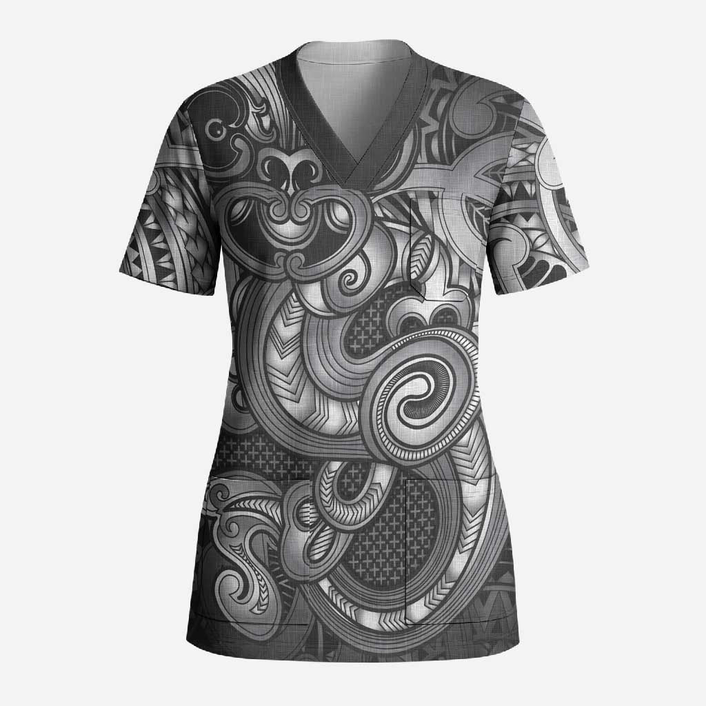 Aotearoa Maori Hei Tiki Scrub Top Kiwikiwi Kowhaiwhai Puhoro Motif LT9 Adult Grey - Polynesian Pride