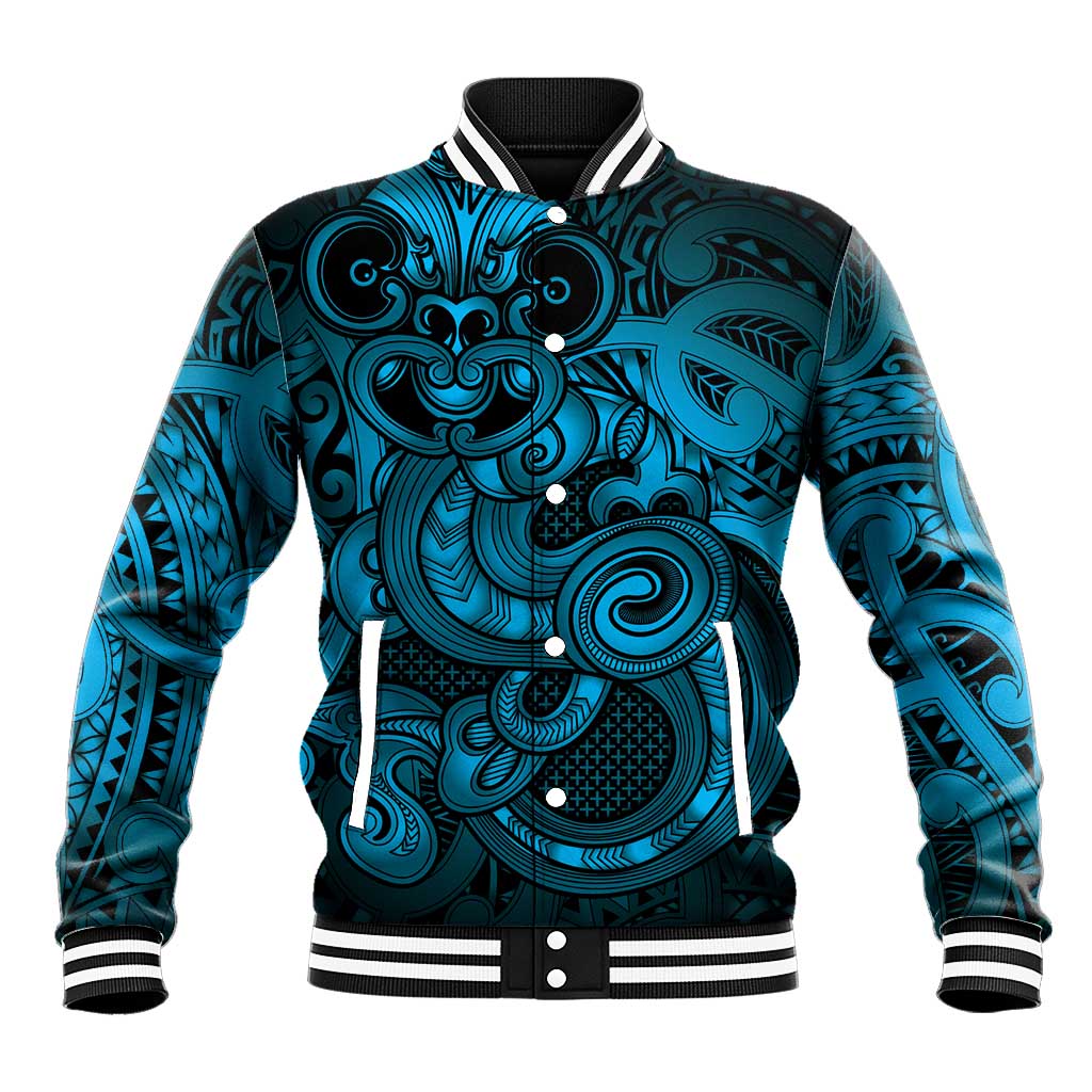 Aotearoa Maori Hei Tiki Baseball Jacket Kikorangi Kowhaiwhai Puhoro Motif LT9 Unisex Blue - Polynesian Pride
