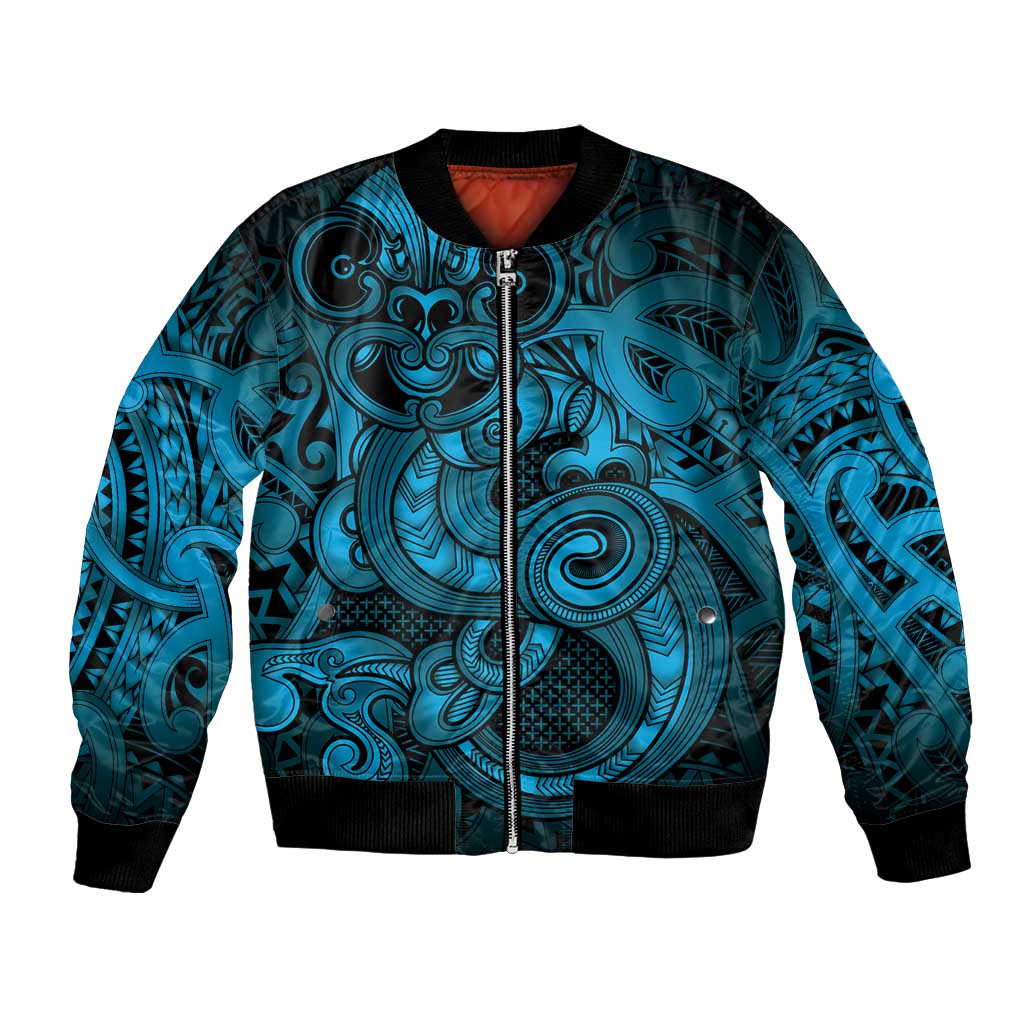 Aotearoa Maori Hei Tiki Bomber Jacket Kikorangi Kowhaiwhai Puhoro Motif LT9 Unisex Blue - Polynesian Pride