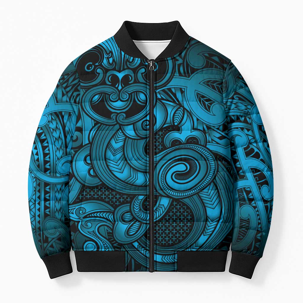 Aotearoa Maori Hei Tiki Bomber Puffer Jacket Kikorangi Kowhaiwhai Puhoro Motif LT9 Unisex Blue - Polynesian Pride